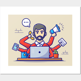 Cute Man Multitasking Cartoon Vector Icon Illustration Posters and Art